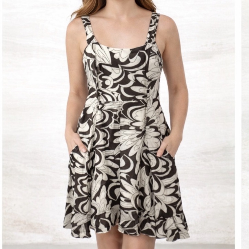 Sao Paulo Dress Women’s Size 12 Brown Cream 100% Cotton Floral Retro